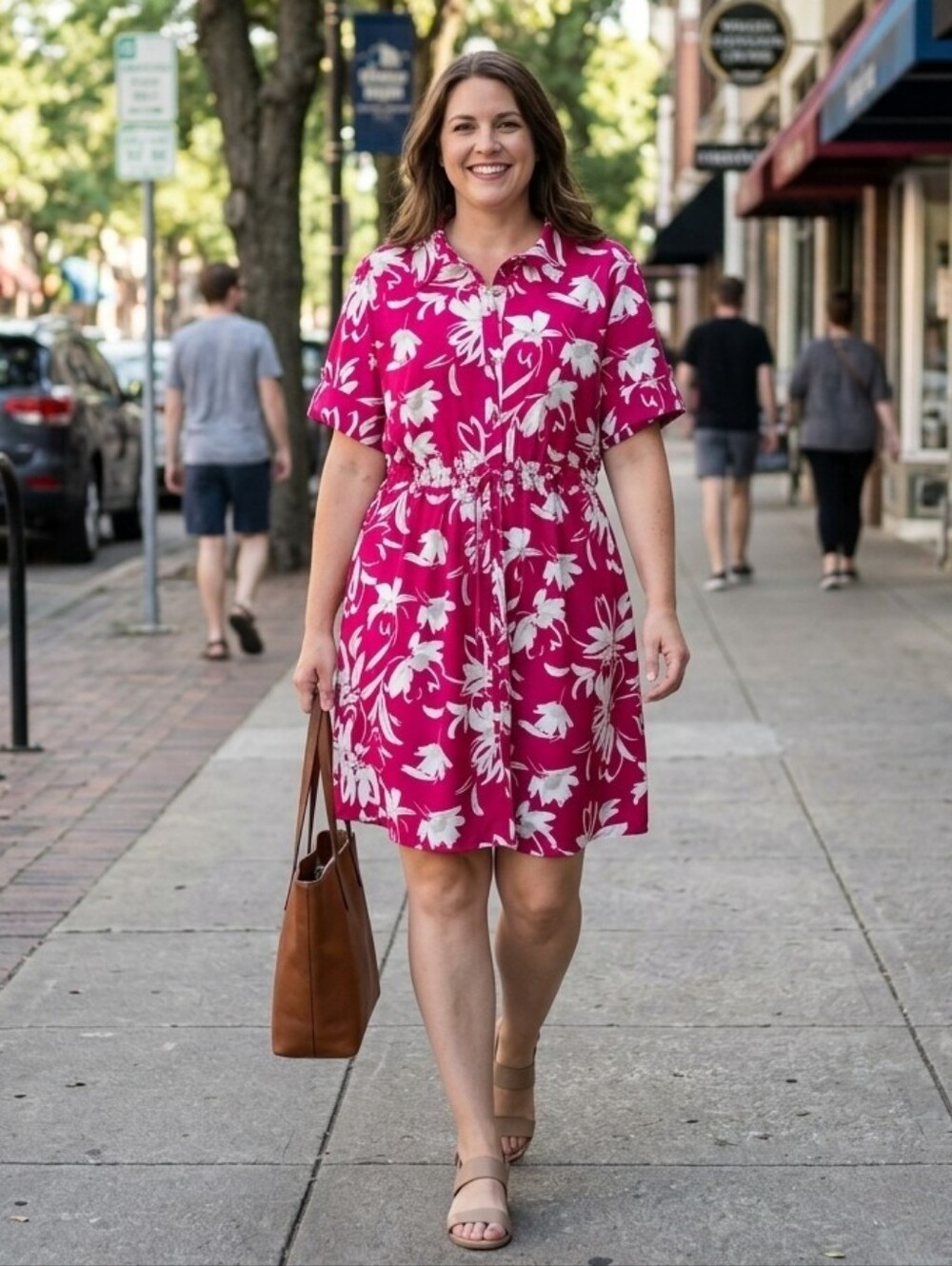 Halston Heritage Fuschia Tropical Floral Button-Front Dress With Pockets
